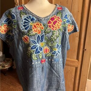 Double D Ranch Embroidered Denim Shirt Tunic Poncho Small, fits like a large